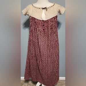 Boho Crochet Yoke Maxi Dress Red Cream Babydoll Festival Cottagecore Medium